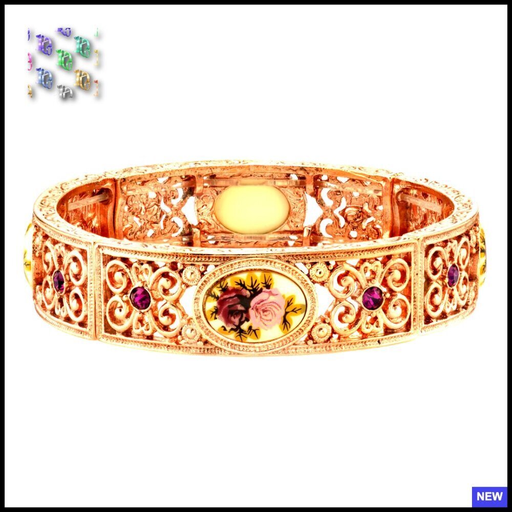 Rose Gold Stretch Bracelet Vintage Floral Crystal Elegant Romantic Victorian